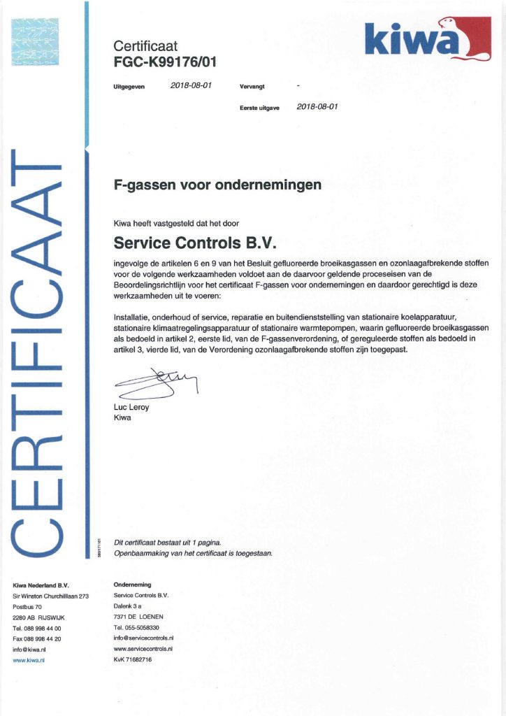 certificaat F-Gassen voor ondernemingen Service Controls